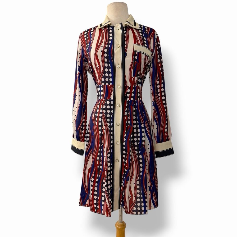 Hilfiger Collection Vintage Mod Polka Dot Shift Midi Shirt Dress Size 6 Retro